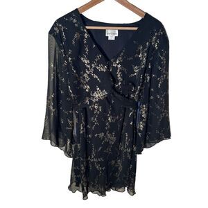 Sarah B Woman SZ 2X Black Gold Floral Babydoll Blouse Whimsigoth Fairy Goth